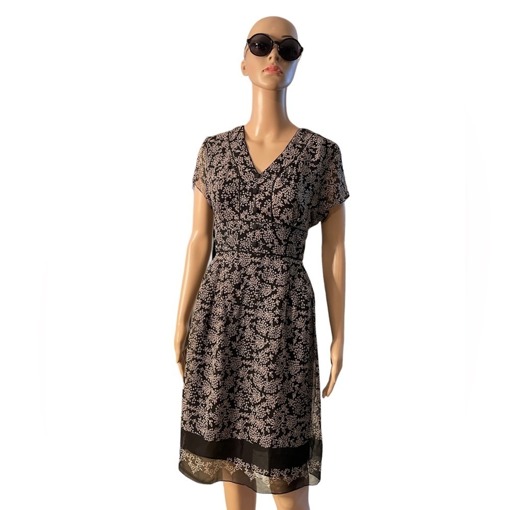 NWT David Warren NY Black Silk short sleeve contemporary floral midi dress 10P